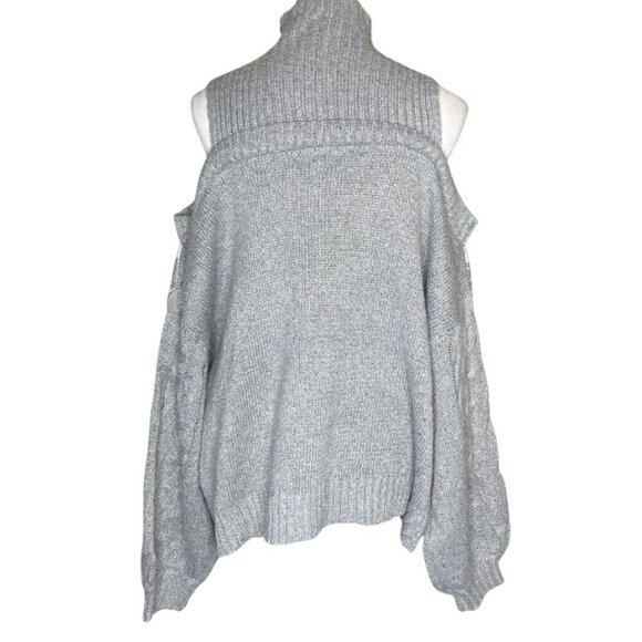 Women's Geometric Cold Shoulder Fisherman Knit Mock Neck Bell Sleeve Sweater 2X - Picture 4 of 5